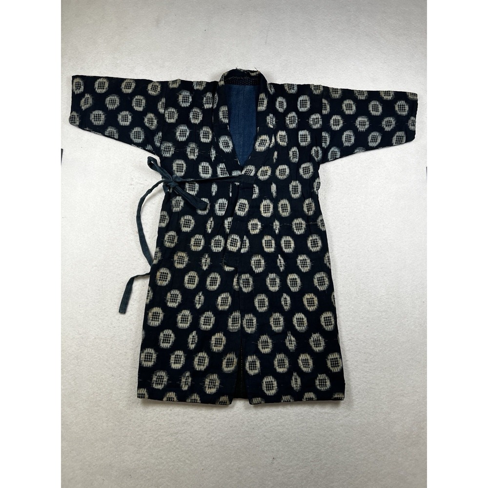Vintage Japanese Indigo Kasuri Cotton Boro Kimono Noragi Robe Dress Outerwear